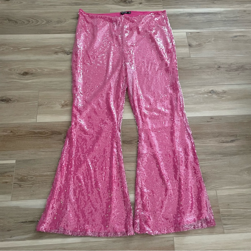 Nasty Gal Plus Size Pink Sequin Kick Flared Pants